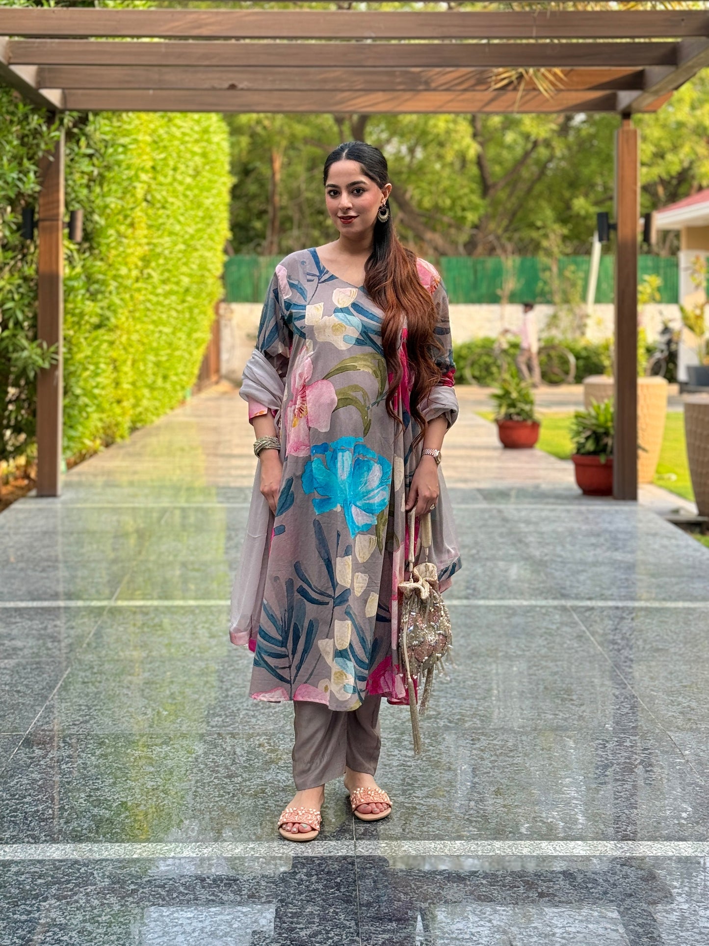 Grey Bloom Panelled Kurta Set