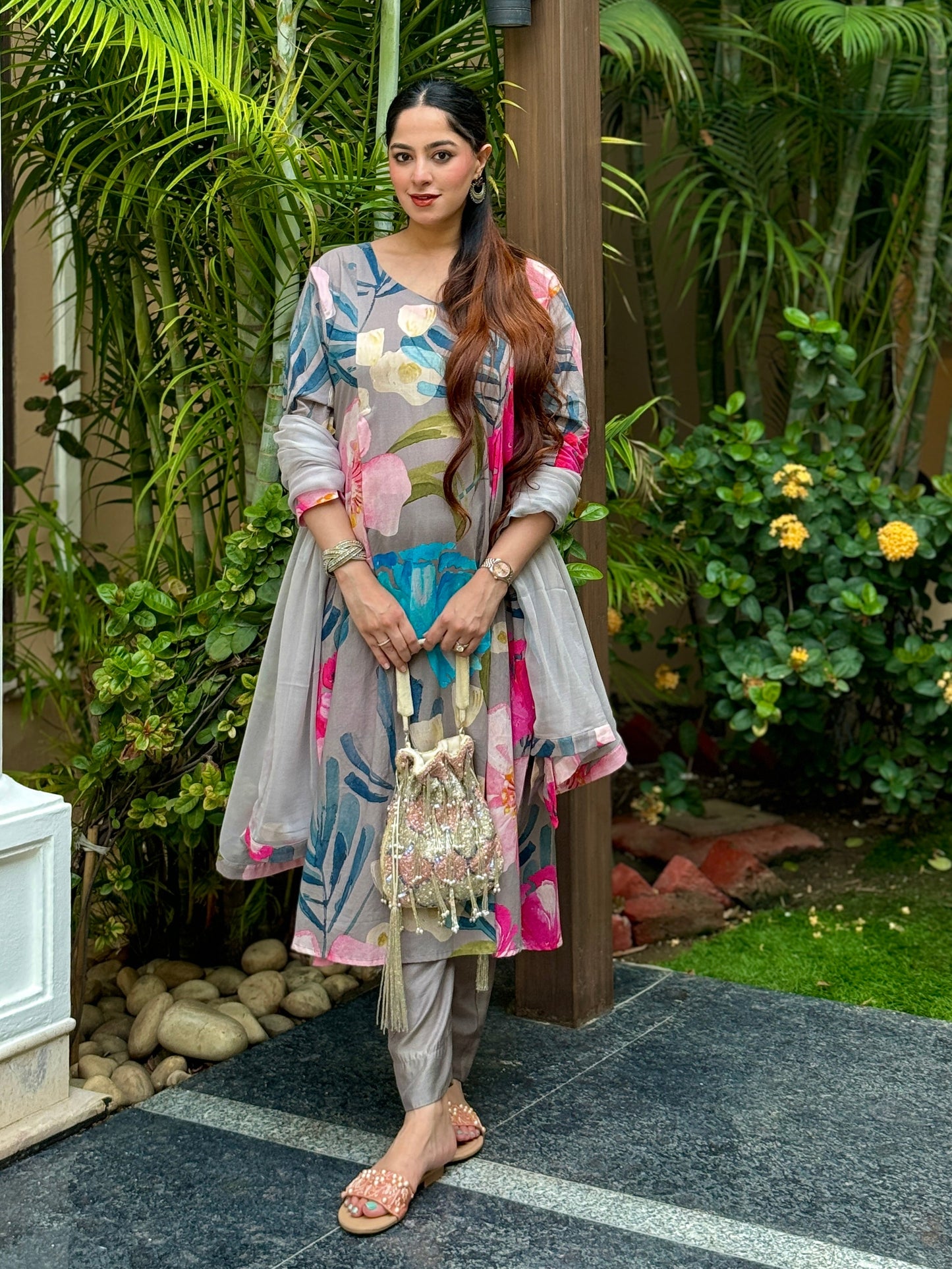 Grey Bloom Panelled Kurta Set