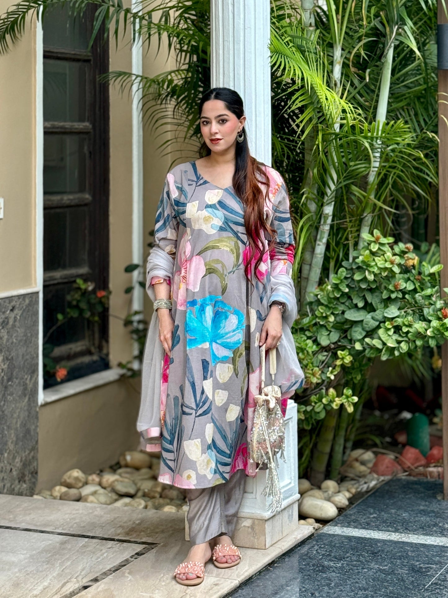 Grey Bloom Panelled Kurta Set