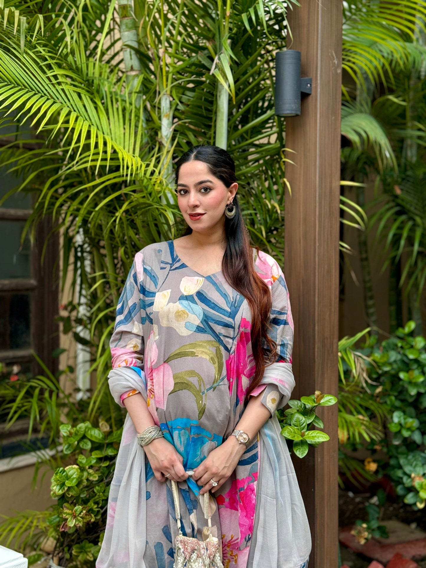 Grey Bloom Panelled Kurta Set
