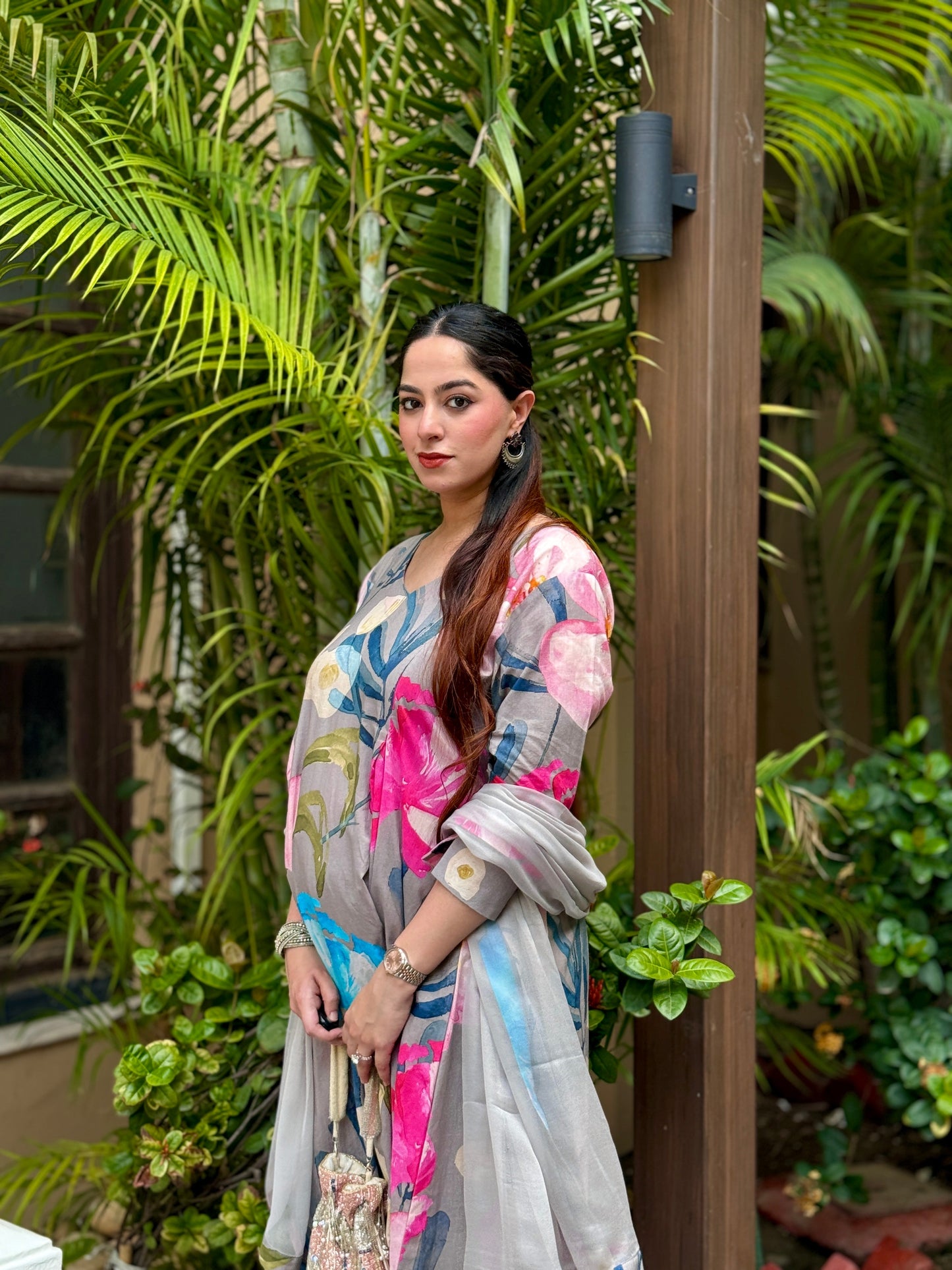 Grey Bloom Panelled Kurta Set
