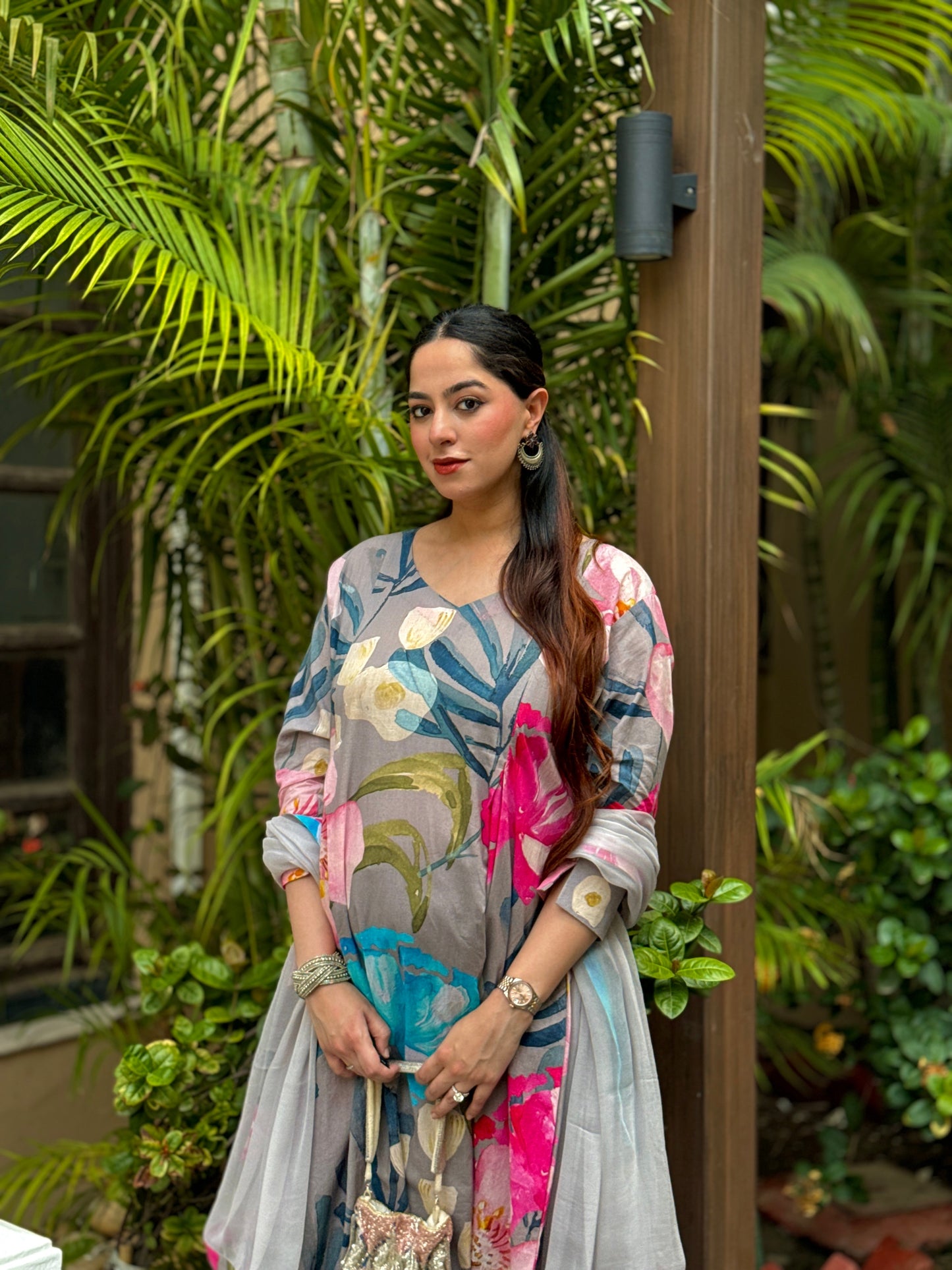 Grey Bloom Panelled Kurta Set