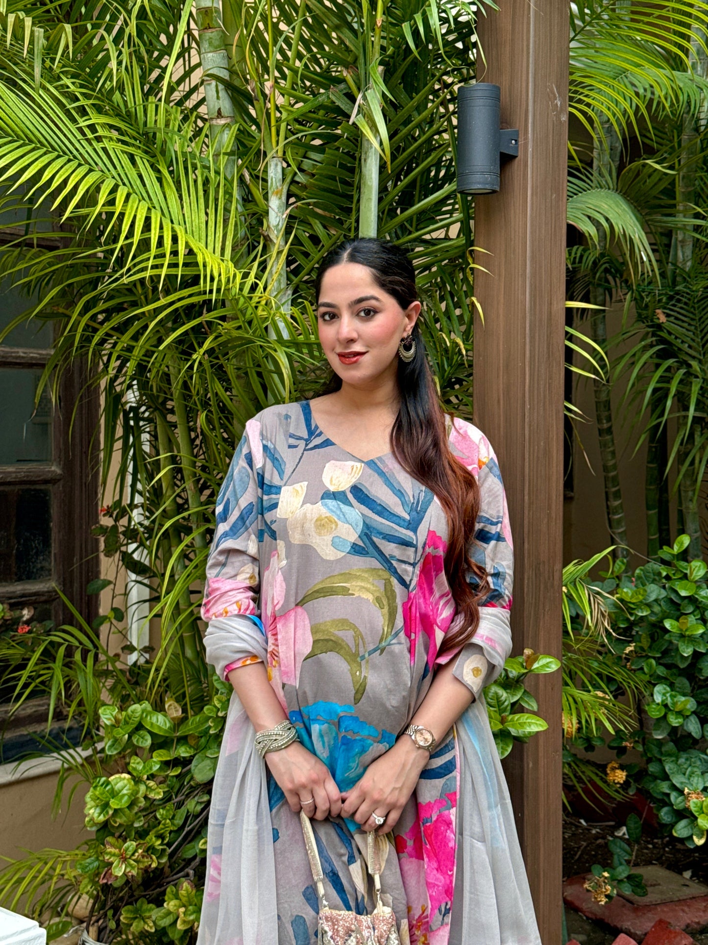 Grey Bloom Panelled Kurta Set