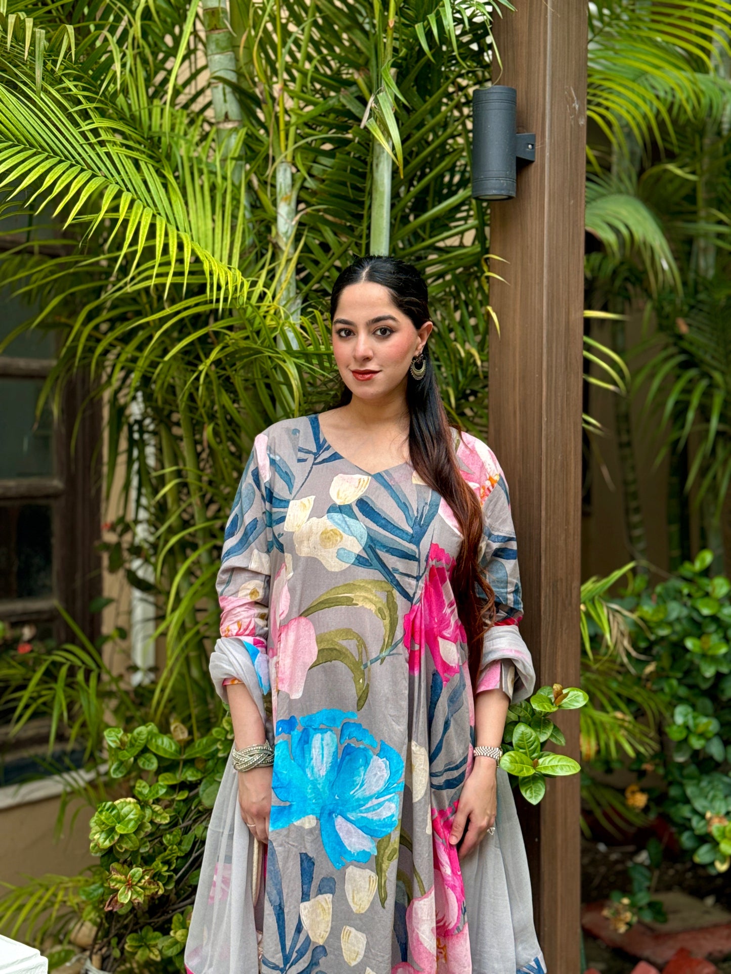 Grey Bloom Panelled Kurta Set