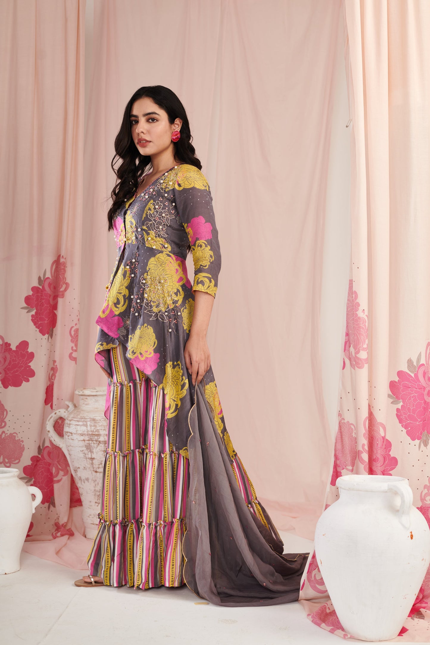 Grey Peplum sharara set