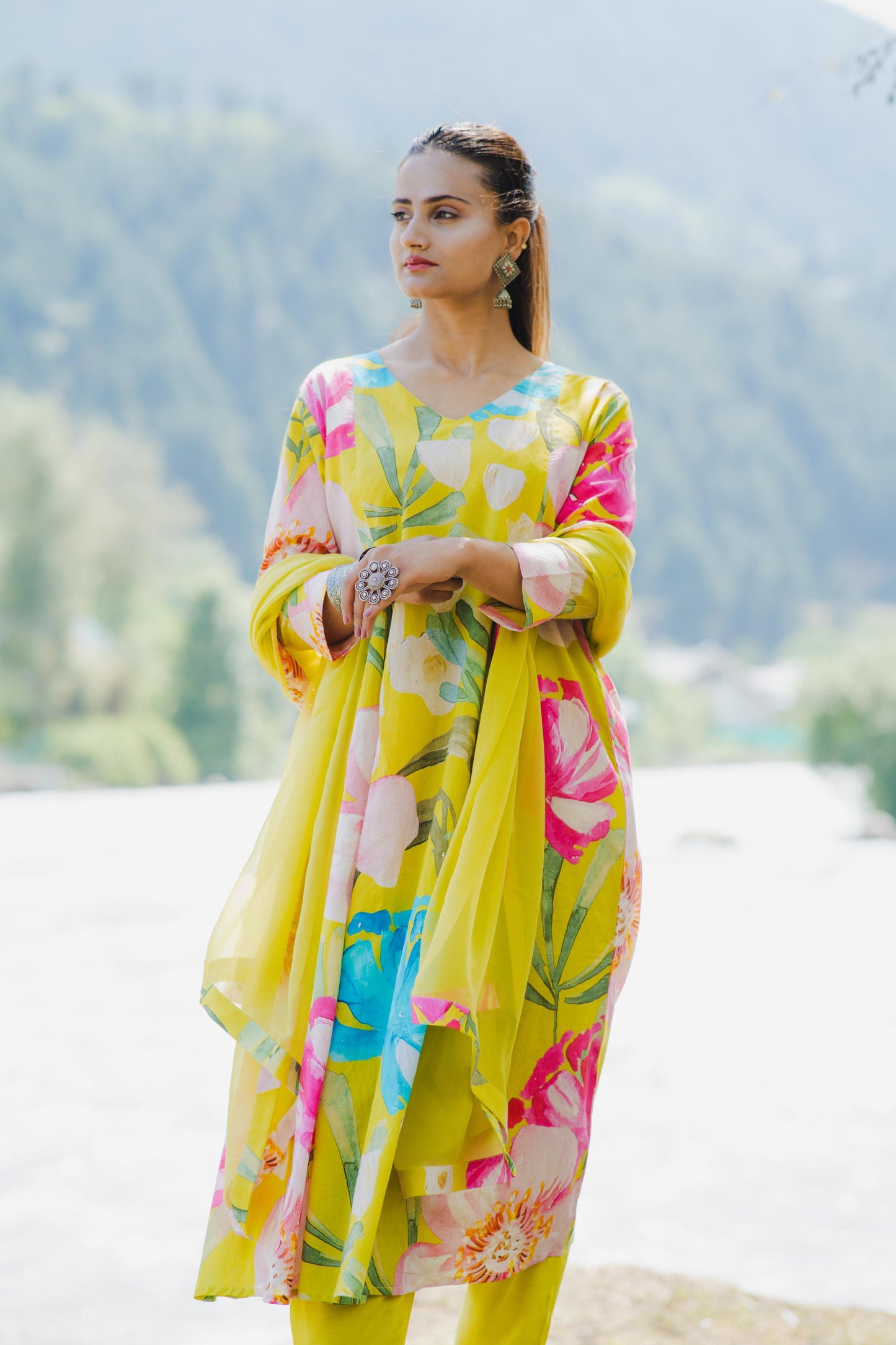 Lime Bloom Panelled Kurta Set