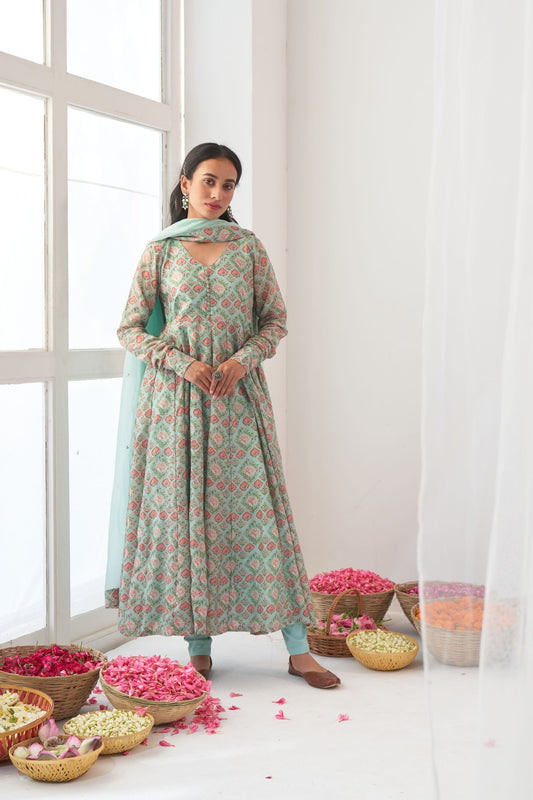 Aqua Peony Anarkali