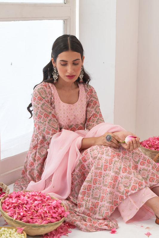 Powder Pink Peony Embroidered Anarkali