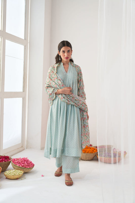 Aqua Peony Kurta Set