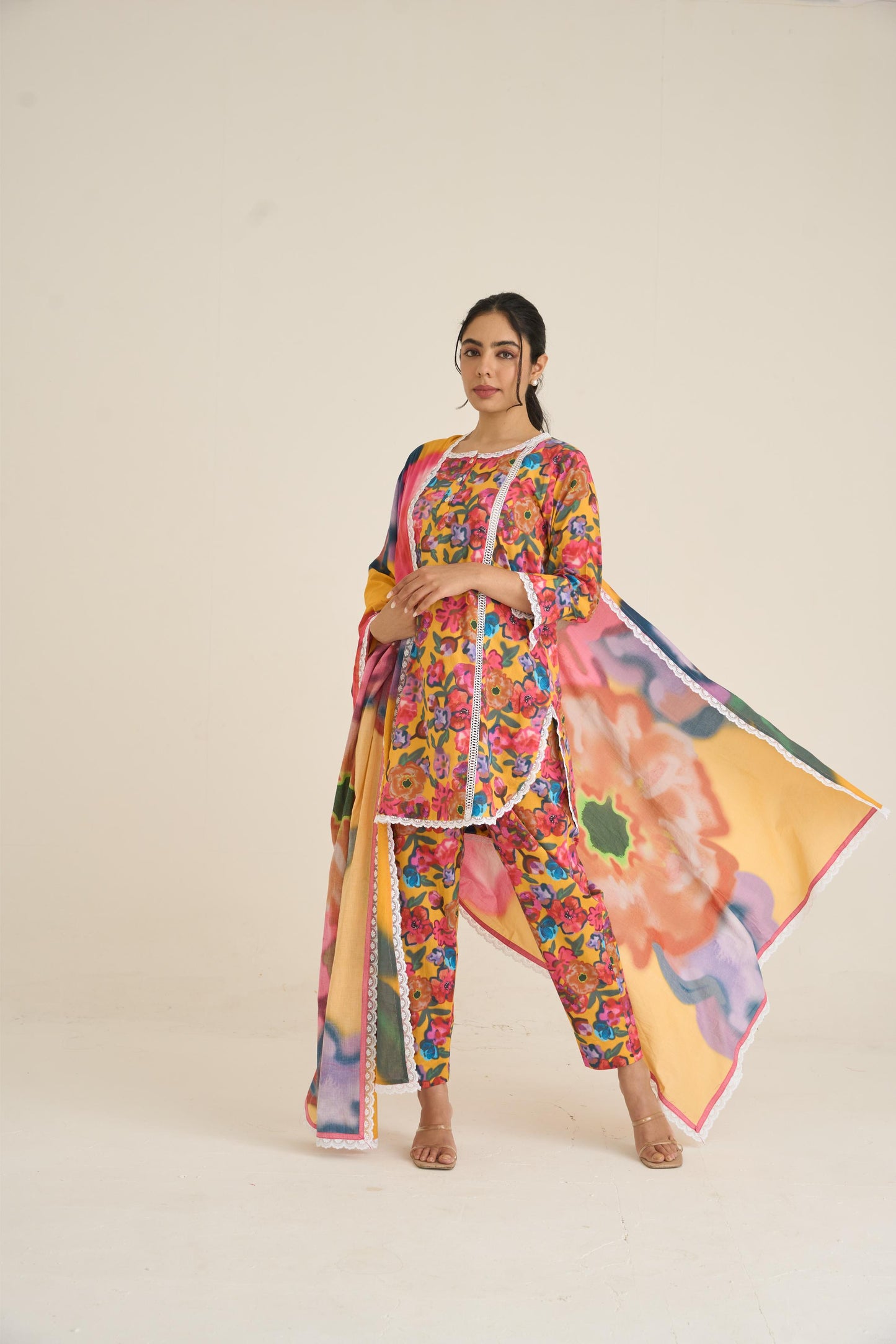 Yellow Floral Fusion Lawn Kurta Set