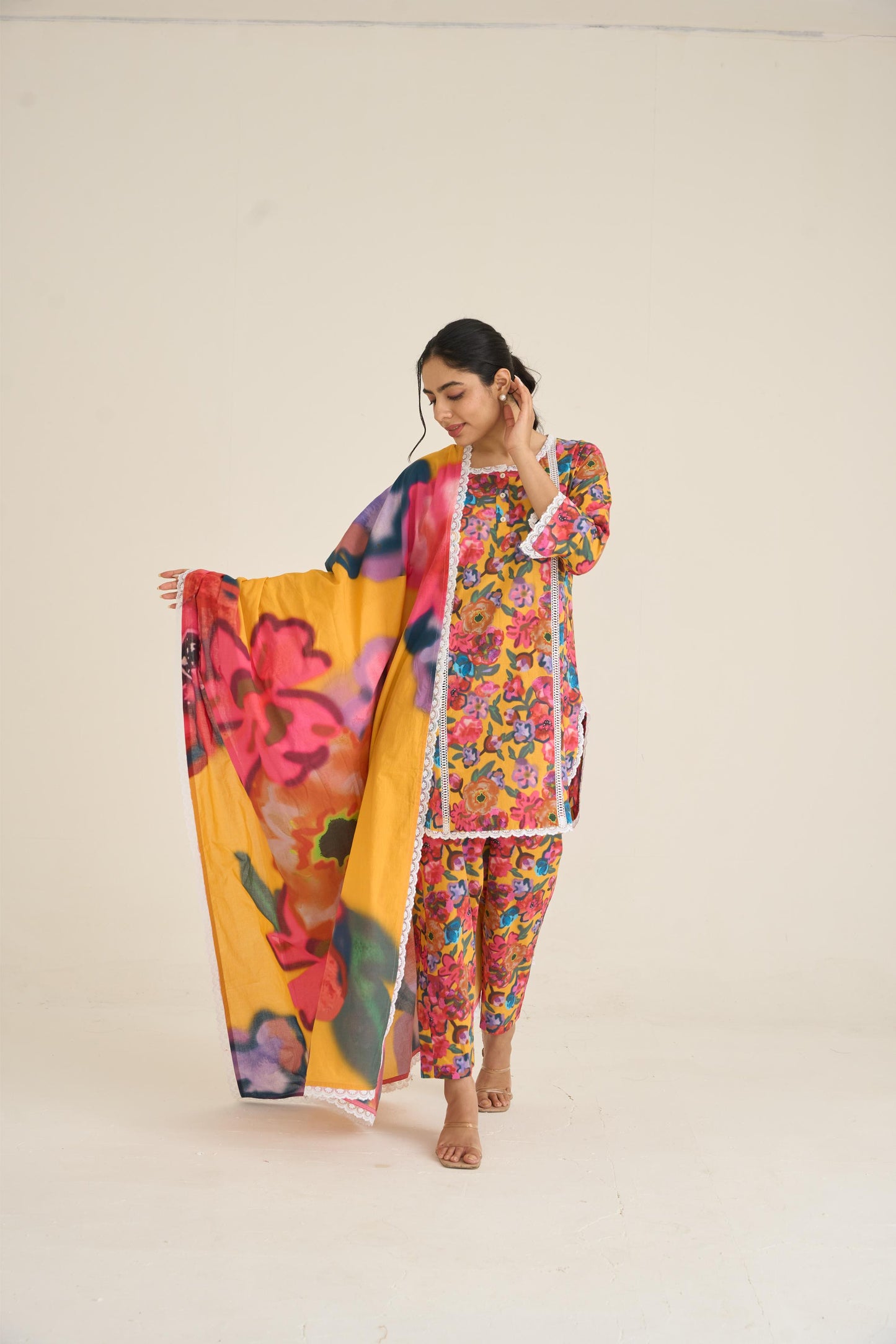 Yellow Floral Fusion Lawn Kurta Set