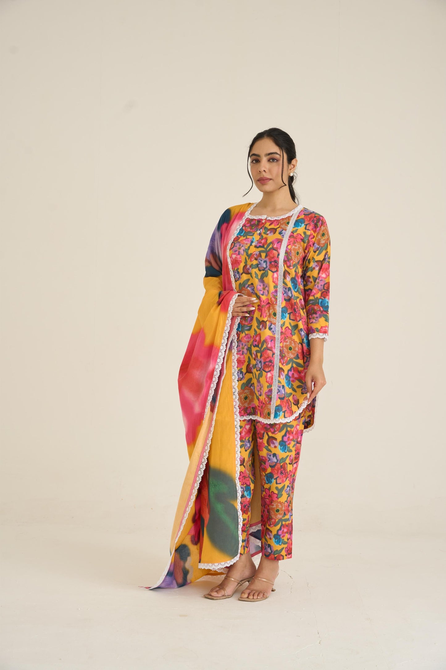 Yellow Floral Fusion Lawn Kurta Set