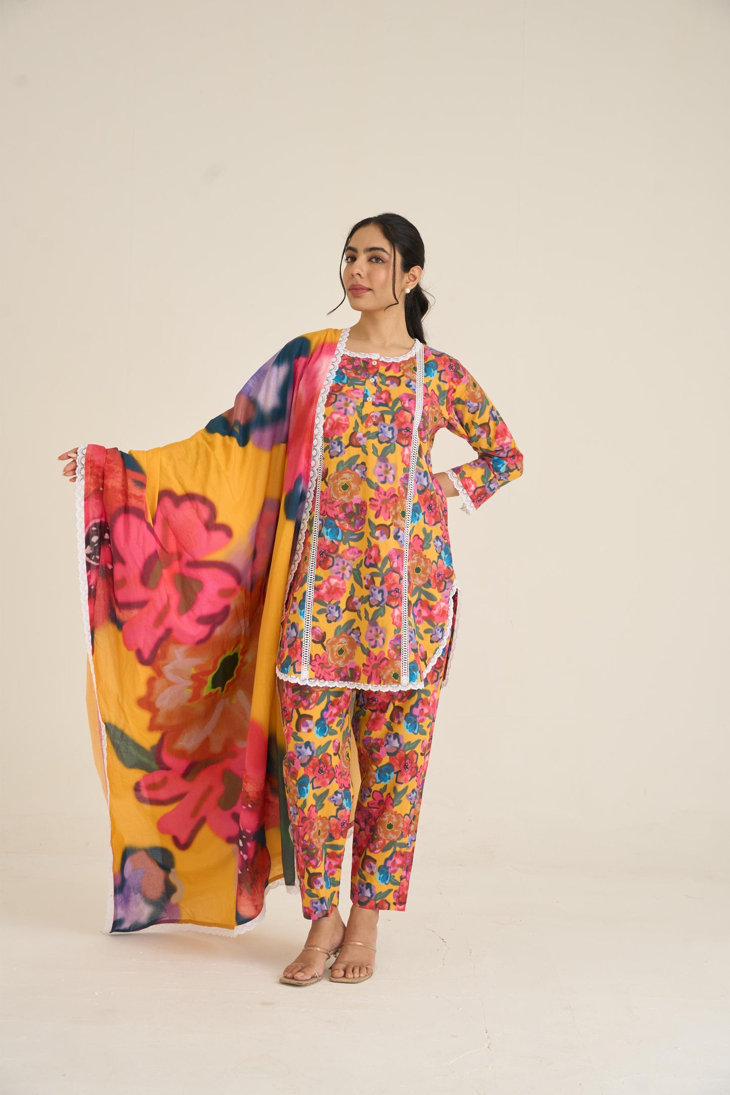 Yellow Floral Fusion Lawn Kurta Set