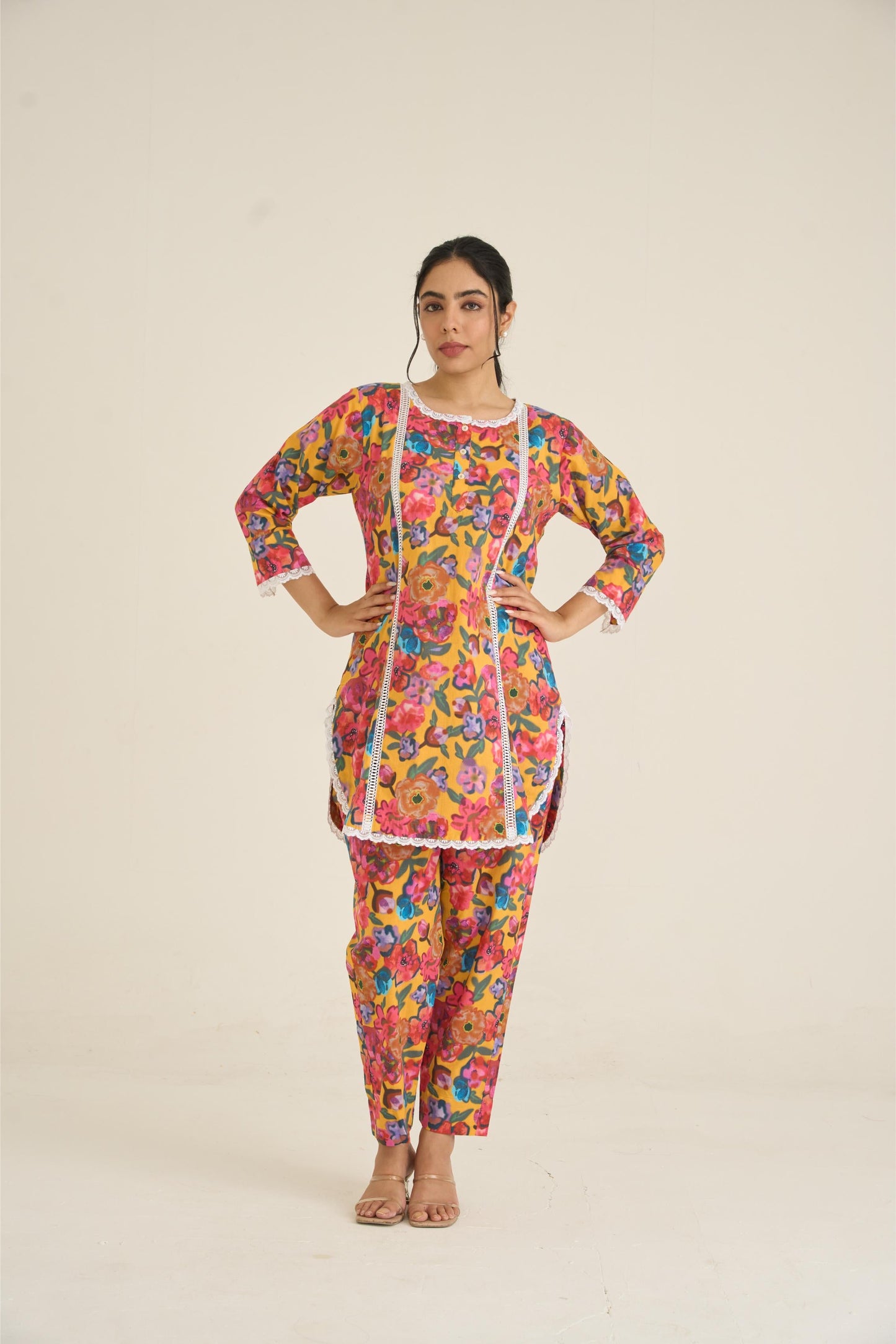 Yellow Floral Fusion Lawn Kurta Set