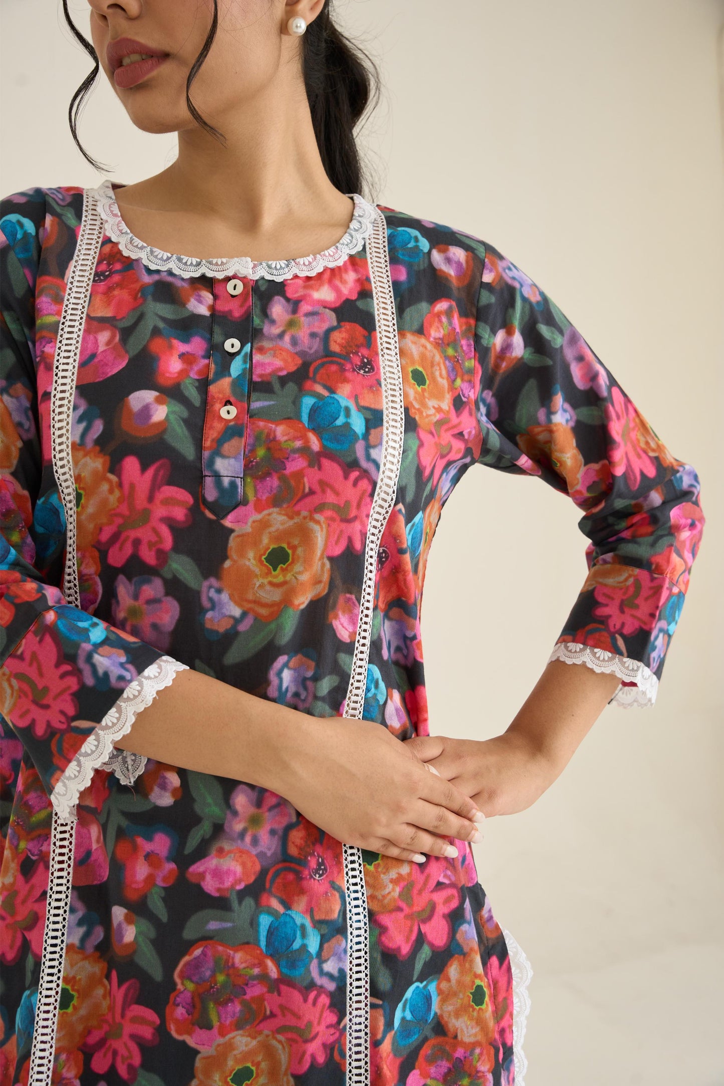 Black Floral Fusion Lawn Kurta Set